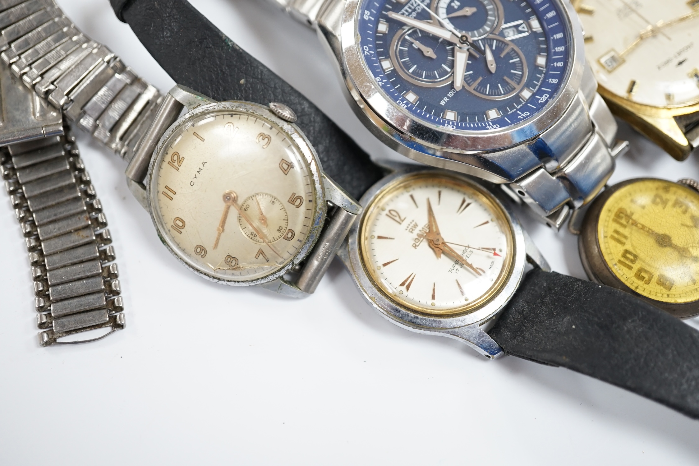 A group of assorted mainly steel wrist watches including three Cyma, a Roamer and modern Citizen Eco-Drive.